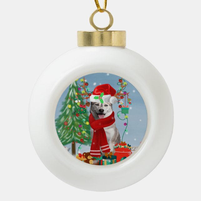 Siberischer Husky-Hund im Schnee Weihnachten Keramik Kugel-Ornament (Vorderseite)