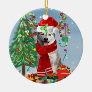 Siberischer Husky-Hund im Schnee Weihnachten Keramik Ornament