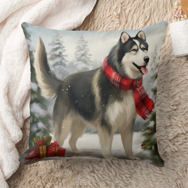 Siberischer Husky-Hund im Schnee Weihnachten Kissen (Decke)