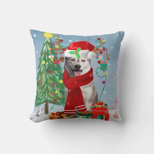 Siberischer Husky-Hund im Schnee Weihnachten Kissen (Vorderseite)