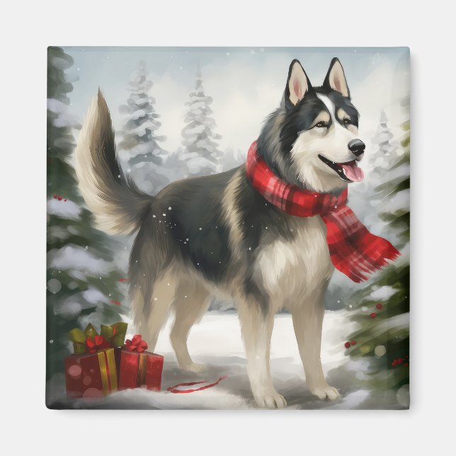 Siberischer Husky-Hund im Schnee Weihnachten Magnet (Vorne)