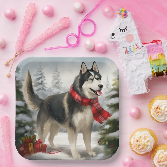 Siberischer Husky-Hund im Schnee Weihnachten Pappteller (Party)