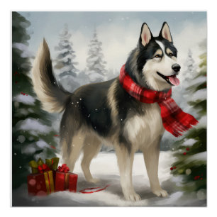 Siberischer Husky-Hund im Schnee Weihnachten Poster