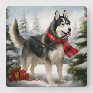 Siberischer Husky-Hund im Schnee Weihnachten Quadratische Wanduhr