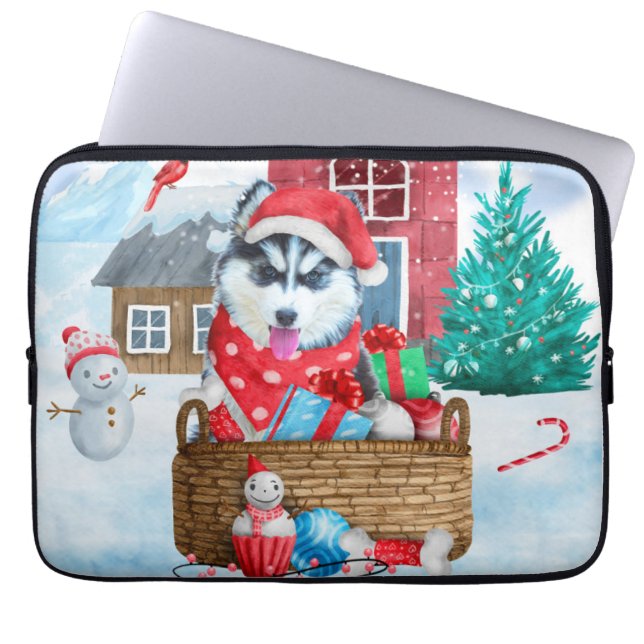 Siberischer Husky Hund im Schnee Weihnachtshundeha Laptopschutzhülle (Vorderseite)