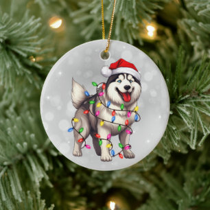 Siberischer Husky-Hund in Weihnachtsbeleuchtung um Keramik Ornament