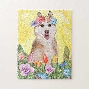 Siberischer Husky Hund mit Blume Frühjahr Puzzle
