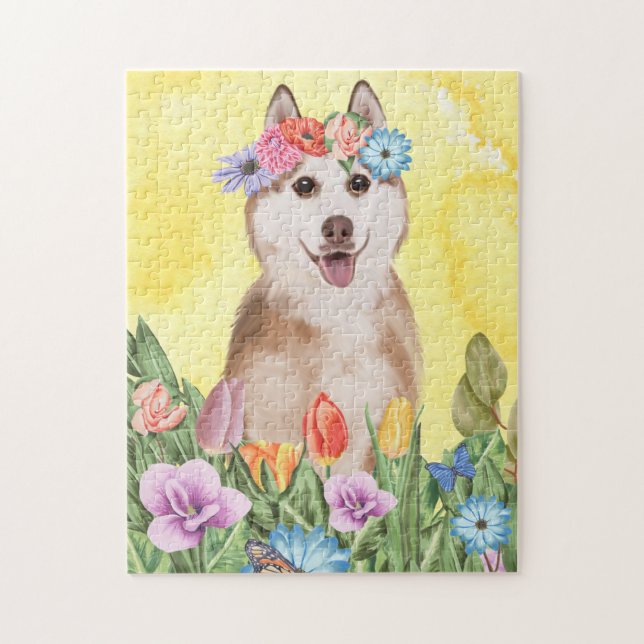 Siberischer Husky Hund mit Blume Frühjahr Puzzle (Vertikal)