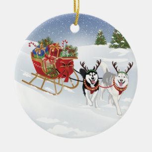 Siberischer Husky-Hund mit Weihnachtslieder umhüll Keramik Ornament