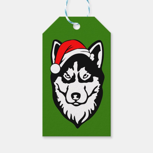 Siberischer Husky-Hund mit Weihnachtsmannmütze im  Geschenkanhänger (Vorderseite)