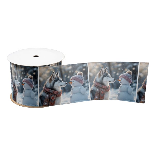 Siberischer Husky mit Schneemann Satinband (Spule)