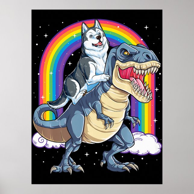 Siberischer Husky Riding Dinosaur Rex Geschenke Bo Poster (Vorne)