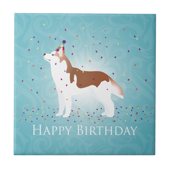 Siberischer Husky - Rot - Happy Birthday Design Fliese (Vorderseite)