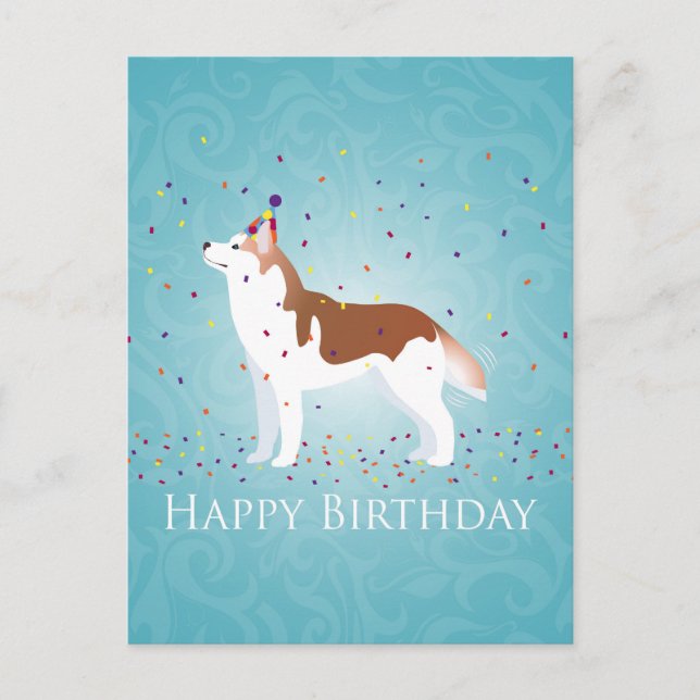 Siberischer Husky - Rot - Happy Birthday Design Postkarte (Vorderseite)