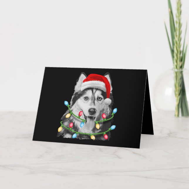 Siberischer Husky Weihnachtsbaum Lichter Xmas Feiertagskarte (Vorderseite)
