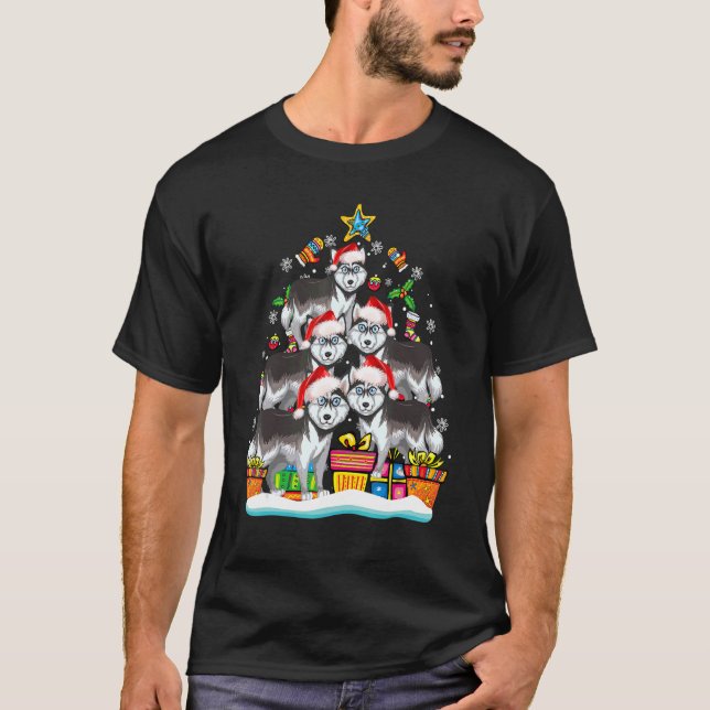 Siberischer Husky Weihnachtsbaum Weihnachtsmannmüt T-Shirt (Vorderseite)