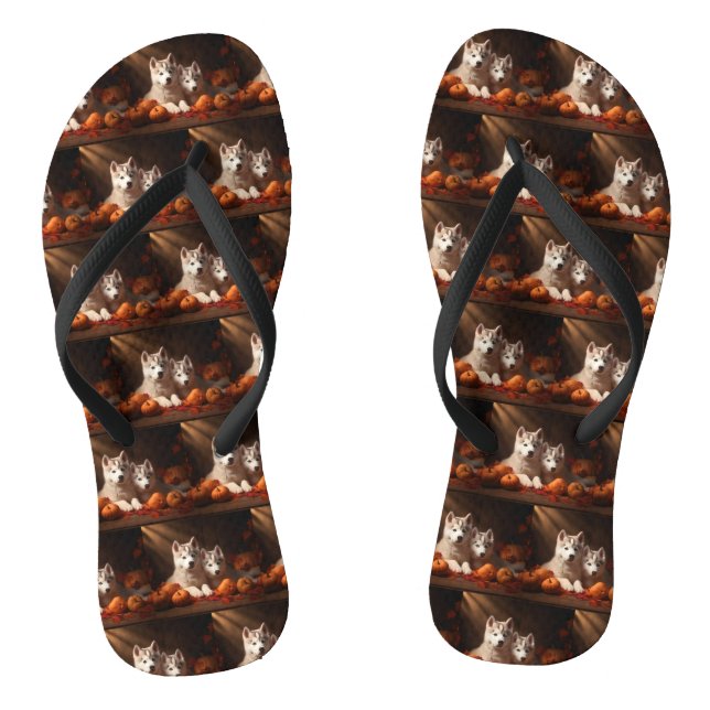 Siberischer Husky Welpe Herbst Kürbis Flip Flops (Fußbett)