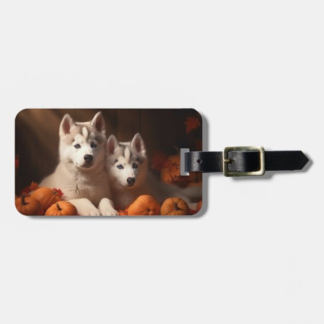 Siberischer Husky Welpe Herbst Kürbis Gepäckanhänger (Vorderseite horizontal)