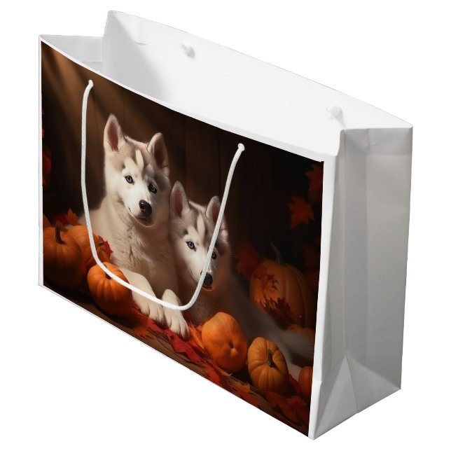 Siberischer Husky Welpe Herbst Kürbis Große Geschenktüte (Vorderseite Schrägansicht)