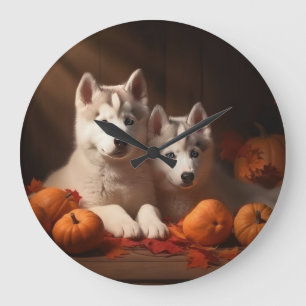 Siberischer Husky Welpe Herbst Kürbis Große Wanduhr
