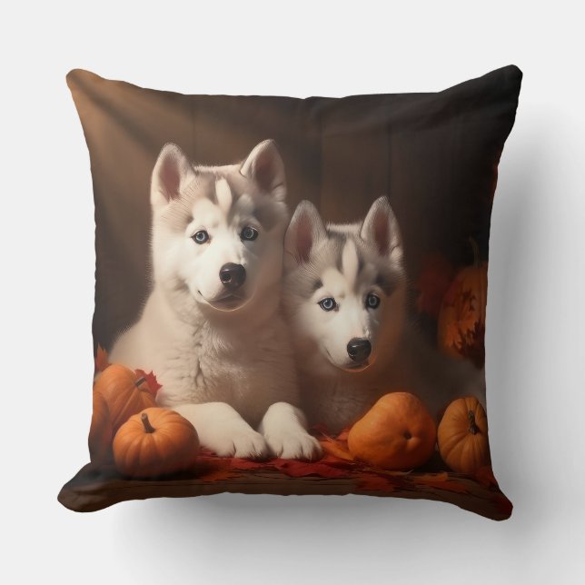 Siberischer Husky Welpe Herbst Kürbis Kissen (Vorderseite)