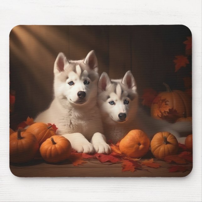 Siberischer Husky Welpe Herbst Kürbis Mousepad (Vorne)