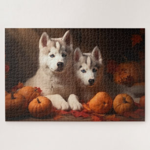 Siberischer Husky Welpe Herbst Kürbis Puzzle
