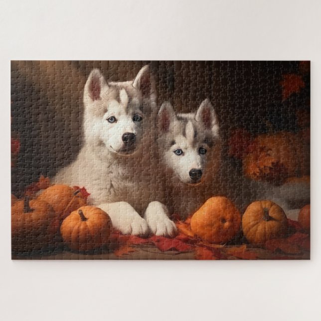 Siberischer Husky Welpe Herbst Kürbis Puzzle (Horizontal)