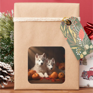 Siberischer Husky Welpe Herbst Kürbis Quadratischer Aufkleber