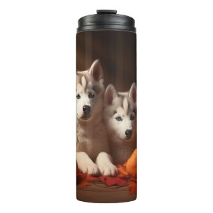 Siberischer Husky Welpe Herbst Kürbis Thermosbecher