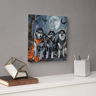 Sibirian Husky Halloween Gruselig Quadratische Wanduhr