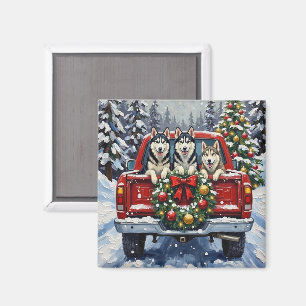 Sibirian Husky Weihnachten Roter LKW Urlaub Magnet