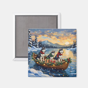 Sibirian Husky Weihnachtsboot Feiertag Magnet