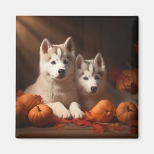 Sibirian Husky Welpe Herbstfreude Kürbis Magnet