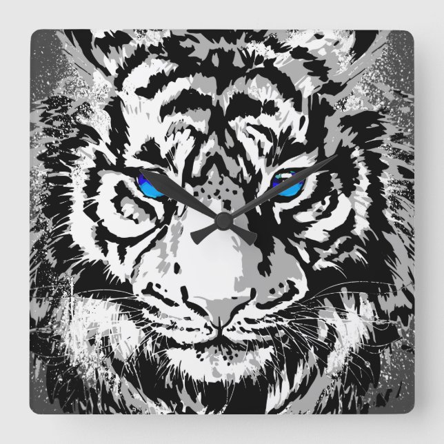 Sibirienweißer Tiger Kopf - Tiger Blue Eyes Quadratische Wanduhr (Vorderseite)