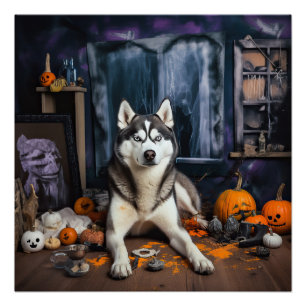 Sibirische Husky-Kürbisse Halloween Gruselig Poster