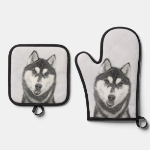 Sibirische Husky Malerei Schwarz-Weiß-Hunde Kunst Ofenhandschuh & Topflappen-Set
