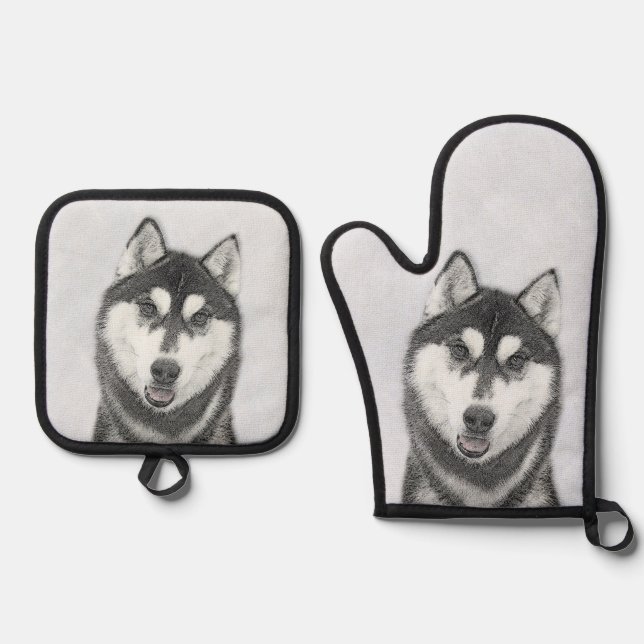 Sibirische Husky Malerei Schwarz-Weiß-Hunde Kunst Ofenhandschuh & Topflappen-Set (Vorderseite)