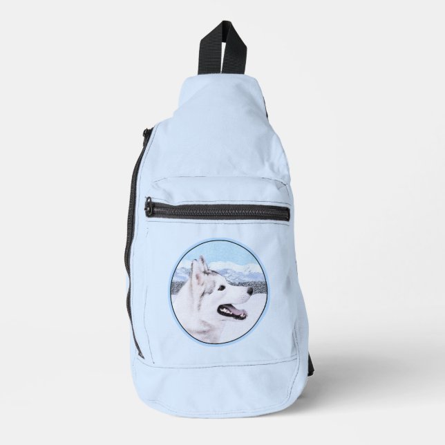 Sibirische Husky-Malerei - Silber und Weiße Hundek Crossbody Bag (Vorderseite)