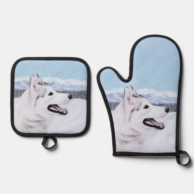 Sibirische Husky-Malerei - Silber und Weiße Hundek Ofenhandschuh & Topflappen-Set (Vorderseite)
