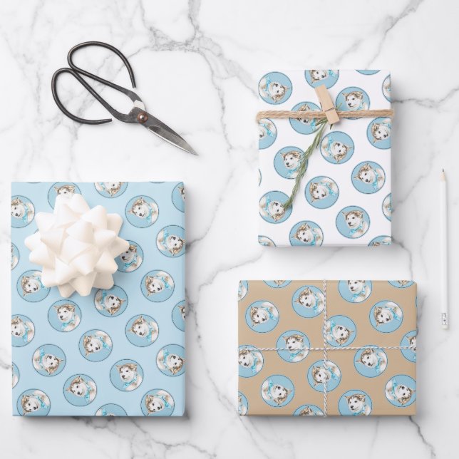 Sibirische Husky Welpenmalerei Copper Red Dog Art Geschenkpapier Set (Vorderseite)