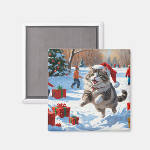 Sibirische Katze läuft im Schnee mit Weihnachtsmüt Magnet
