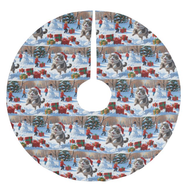 Sibirische Katze läuft im Schnee mit Weihnachtsmüt Polyester Weihnachtsbaumdecke (Vorderseite)