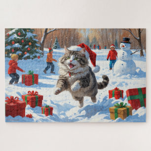Sibirische Katze läuft im Schnee mit Weihnachtsmüt Puzzle