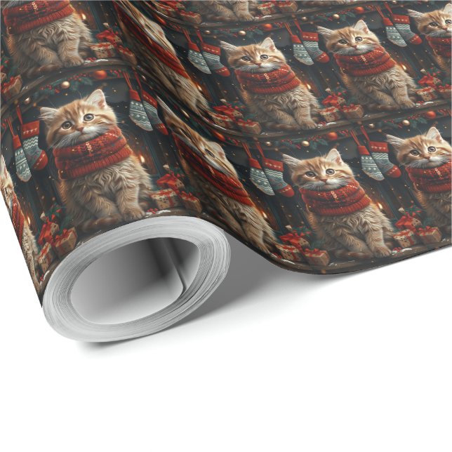Sibirische Katze mit Weihnachtsgeschenken Feuerpla Geschenkpapier (Rolleneckpunkt)