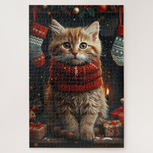 Sibirische Katze mit Weihnachtsgeschenken Feuerpla Puzzle (Vertikal)