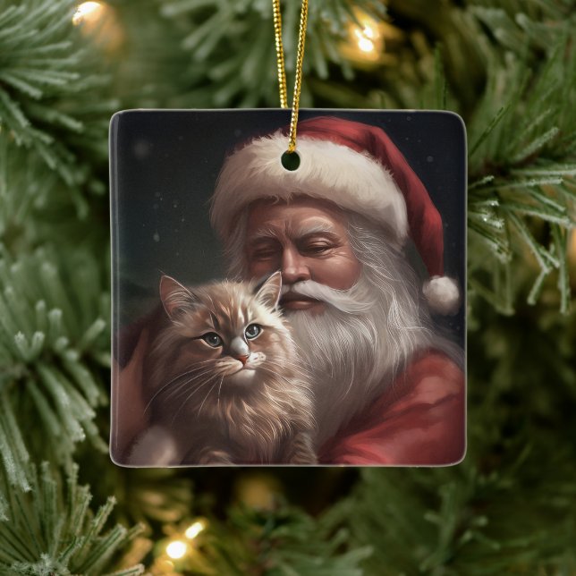 Sibirische Katze mit Weihnachtsmann Weihnachten Keramikornament (Baum)
