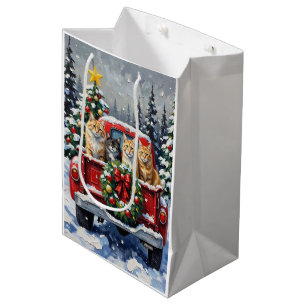 Sibirische Katze Weihnachten Rotes Lastwagen Ferie Mittlere Geschenktüte