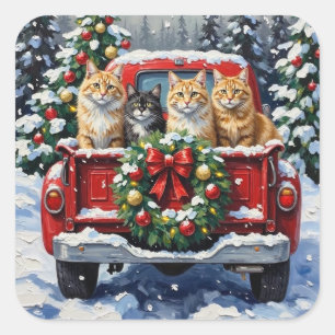 Sibirische Katze Weihnachten Rotes Lastwagen Ferie Quadratischer Aufkleber