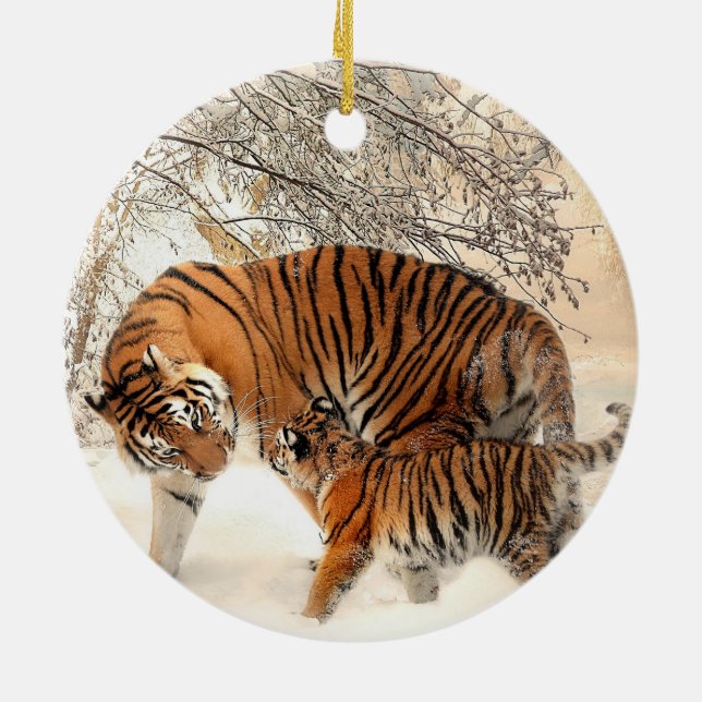 Sibirische Tigermutter und Kitten Keramik Ornament (Hinten)
